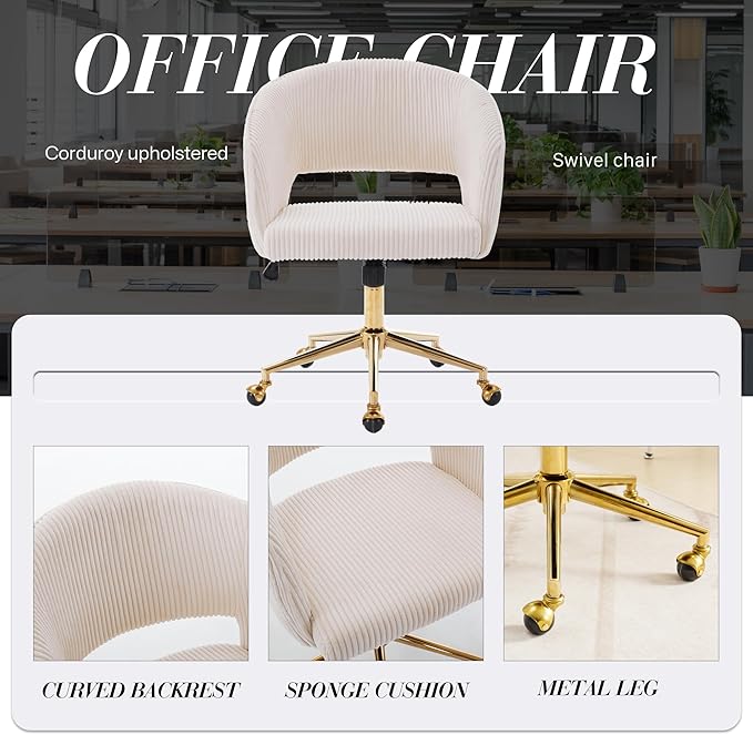 KCC Home Office Chair Swivel Desk Chair Accent Armchair Upholstered Modern Tufted Chairs with Gold Base for Girls Women Ergonomic Study Seat Computer Task Stools, with Wheels, Corduroy,Beige