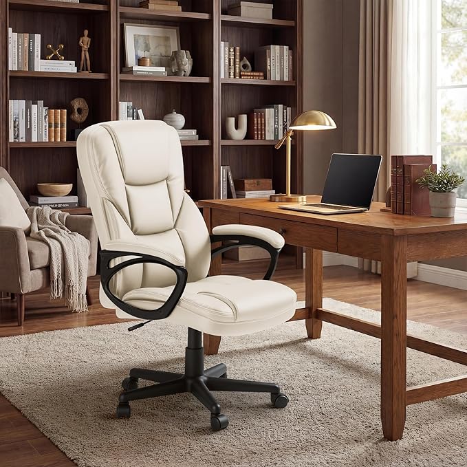 Shahoo Ergonomic Office Chair Executive Adjustable Desk Chair with Flip-up Armrests PU Leather Swivel Computer Chair for Home Office Gaming, Lumbar Support Space Saving 300lbs Capacity, Begie