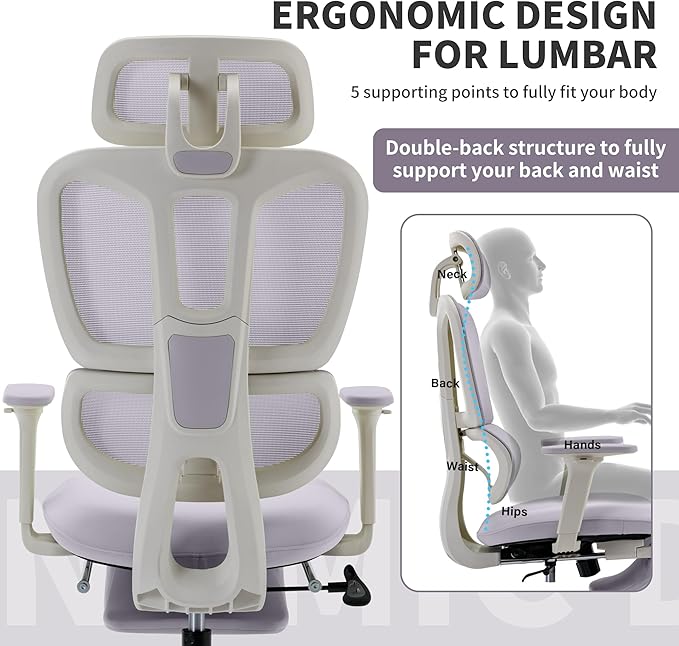 Ergonomic Office Chair with Footrest, 90-135° Reclining High Back Desk Chair with Lumbar Support, 2D Headrest, 2D Armrests, Computer Chair for Long Hours, Purple