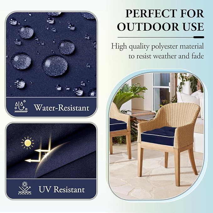 Wellsin Outdoor Chair Cushions Set of 2, Patio Cushions for Outdoor Furniture, Tufted Waterproof Outdoor Chair Pads, 17 x 17 Inch, Navy