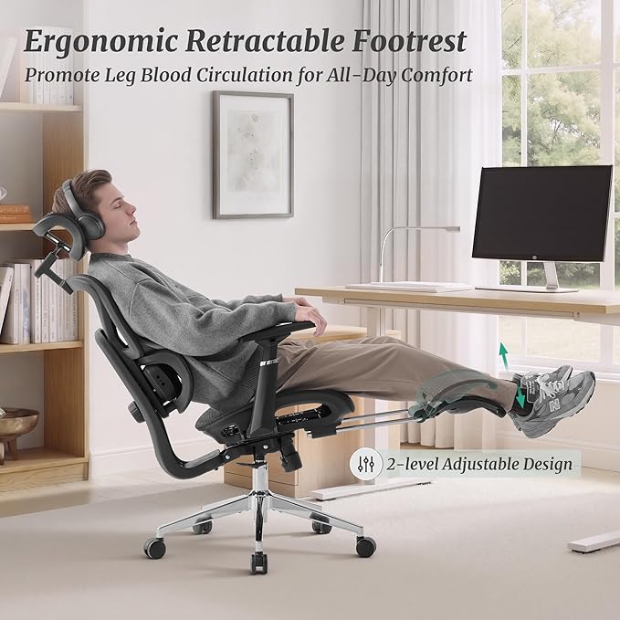 Cozyman Ergonomic Office Chair with Footrest - 5-Level Adjustable Lumbar Support & 90-135°Recline, 3D Headrest & 4D Armrests, Breathable Mesh Seat Computer Chair for Home Office, Gaming, Black