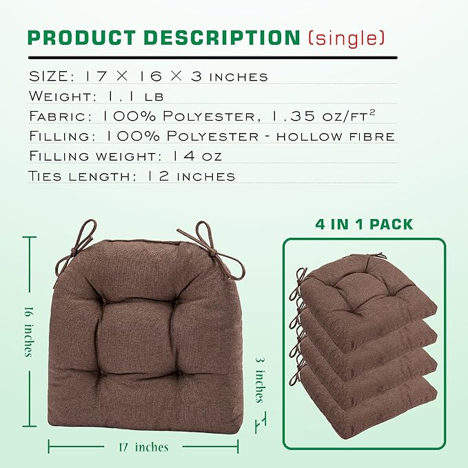 SQUARE MOON Chair Cushions for Dining Chairs, 3 Inch Thick Comfortable Kitchen Chair Pads, Dining Room Seat Cushions with Ties, Machine Washable, 17" x 16" x 3", 4/Pack, Black Coffee
