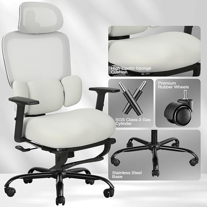 Ergonomic Office Chair with Footrest, Mesh Desk Chair with Adjustable Headrest & Armrests & Dynamic Floating Wing Lumbar Support, High Back Computer Chair for Home Office, BIFMA Certified, Grey