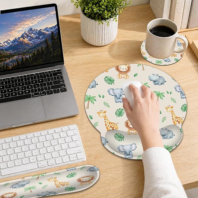 Cute Animals Ergonomic Keyboard and Mouse Wrist Rest Set, Lions Giraffes Elephants Mouse Pad with Non Slip Base, Soft Cloth Surface for Office and Home Typing Support