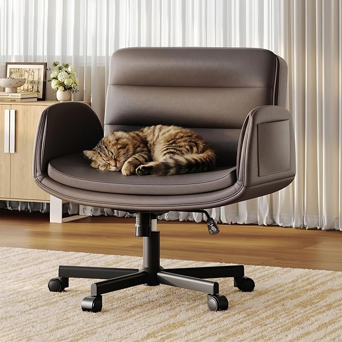 Criss Cross Chair with Flip-Up Arms & Swivel Wheels, Vanity Chair with Adjustable Height & Side Pockets, Comfortable Wide Seat Reclining Computer Office Desk Chairs for Home Office, Make Up, Bed Room