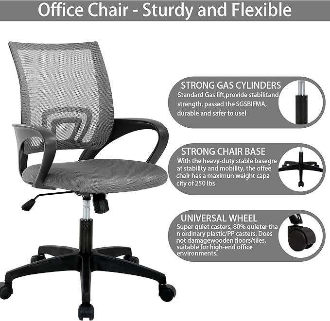 Office Computer Desk Managerial Executive Chair, Ergonomic Mid-Back Mesh Rolling Work Swivel Chairs with Wheels, Comfortable Lumbar Support & Comfy Arms, PVC Base, Gray