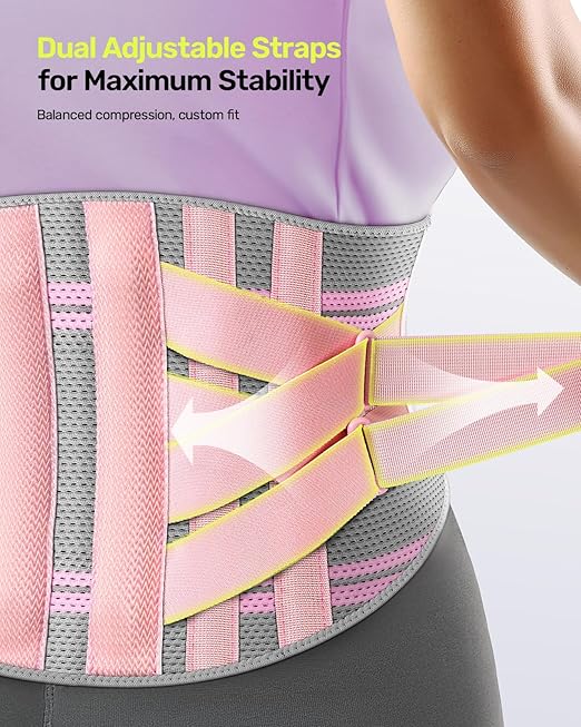 Rakiie Back Brace for Lower Back Pain Women with 9X Support System, Ergonomic Lumbar Support for Pain Relief, Breathable Mesh Design with 3D Silicone Pad for Sciatica, Pink Size M (Waist: 32.3" – 39.8")