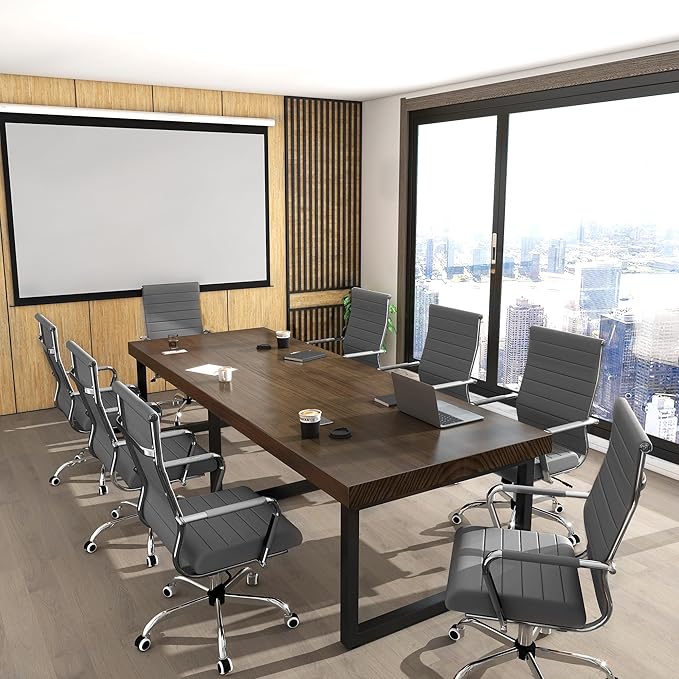 Home Office Chair Ribbed, Modern Leather Conference Room Chairs,Ergonomic Office Desk Chair, High Back Computer Chair, Adjustable Swivel Chair with Arms (Grey)