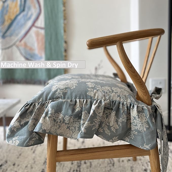 Korean Made Chair Pad Slipcover 17.5'x17.5' Chair Cushion Cover Ties with Ruffle Farmhouse Decor Covers Only, Gift for Mom(Mint Floral) Stocking Stuffer