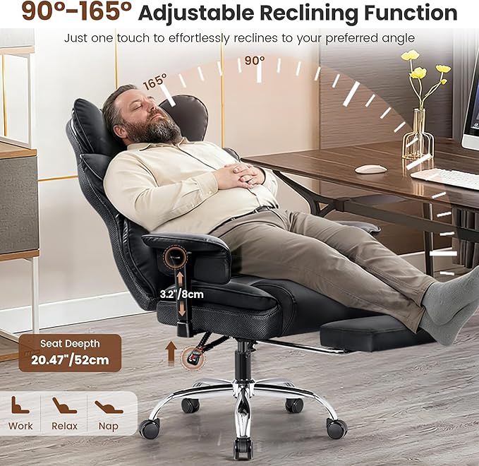 BESTFAIR Big and Tall Office Chair - Heavy Duty 400 LBS Executive Chair with Lumbar Support & Foot Rest, Plus Size Ergonomic Desk Chair, Padded Wide Seat, Adjustable Armrests, Flat Black