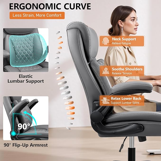 BESTFAIR Office Chair, Ergonomic Computer Desk Chairs with Lumbar Support for Lower Back Pain Relief, Executive Leather Home Chair Comfy with Padded Flip-up Armrests, Gray, 2-Pack