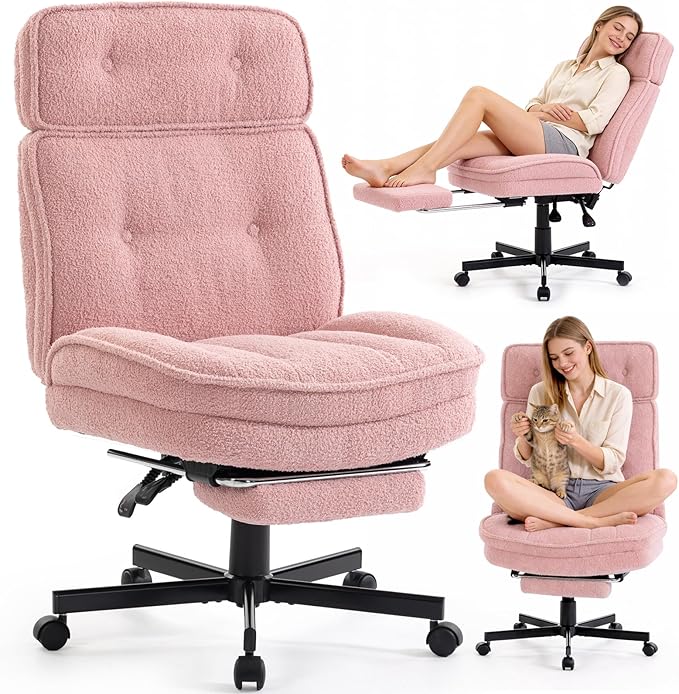 Criss Cross Chair with Wheels - Home Office Desk Chairs with Foot Rest, Morden Comfy Swivel Makeup Chair for Vanity, Ergonomic Cross Legged Office Chair with High Back & Wide Seat, Pink