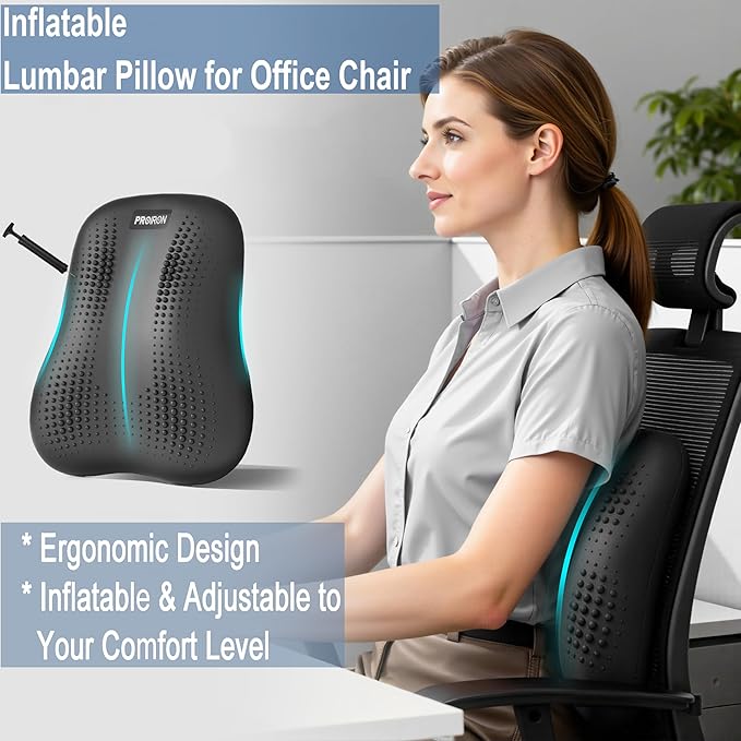 Lumbar Support Pillow, Inflatable Rubber Lumbar Pillow for Lower Back Pain Relief - Car Back Cushion for Driving Seat, Office Chair, Back Support Stretcher, Waterproof, Adjustable Thick, 12''Lx 14''H