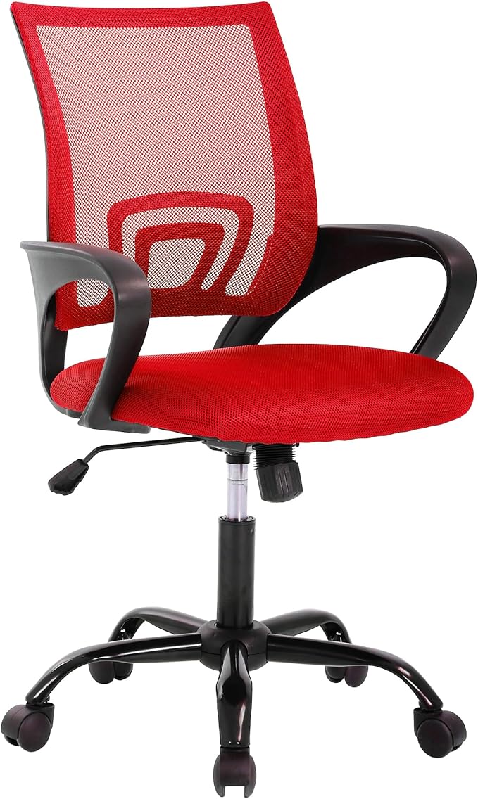Mid-Back Ergonomic Office Chair - Supportive Mesh Computer Chair with Armrest, Adjustable Height, Swivel & Lumbar Support, Metal Base, Red