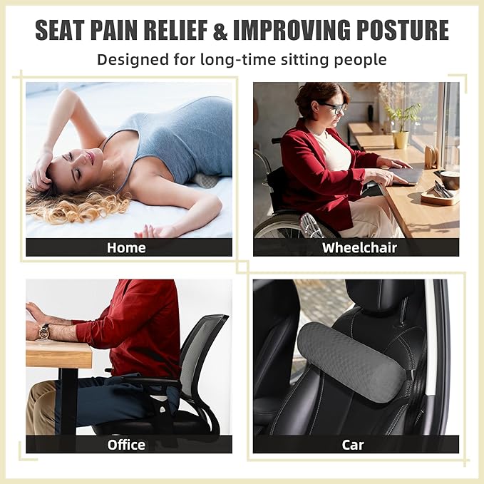 Lumbar Roll Pillow for Lower Back, Lumbar Support Foam Roll Cushion with Pillowcase and Upgraded Strap for Office, Chair, Car, Seat Pain Relief & Improving Posture (Dark Grey, Short-11 * 4.3'')