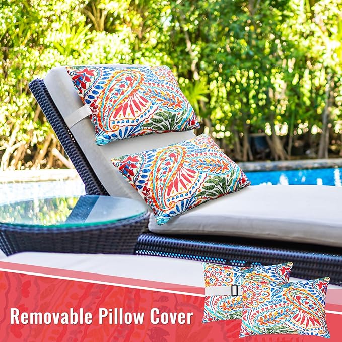Juexica 2 Pack Chaise Lounge Pillow with Strap Outdoor Waterproof Beach Chair Neck Headrest Pillow Adjustable Elastic Band for Hammock Lumbar Recliner Pillows for Patio Pool Chair(Paisley)