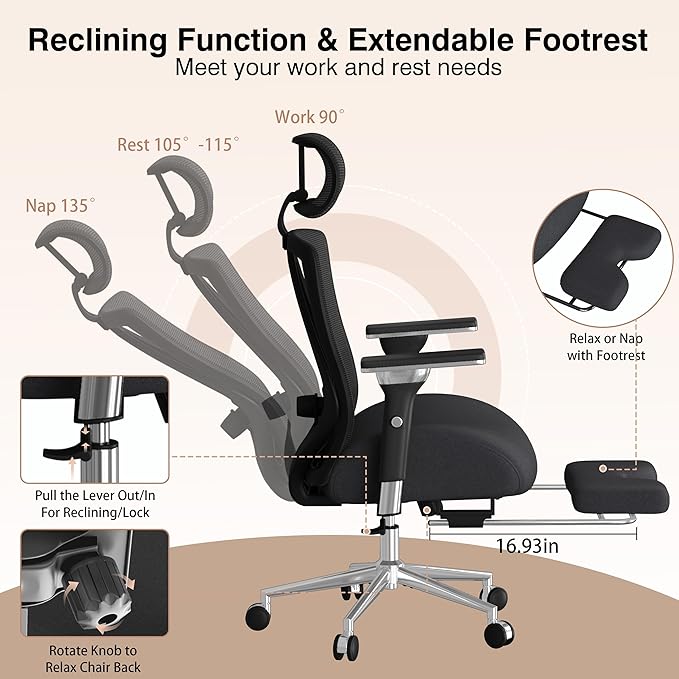 750lbs Big and Tall Office Chair with Wide Thick Seat Cushion,Ergonomic Mesh Office Chairs for Heavy People,Computer Desk Chair with 4D Armrests,Adjustable Lumbar Support for Long Hours Daliy Work