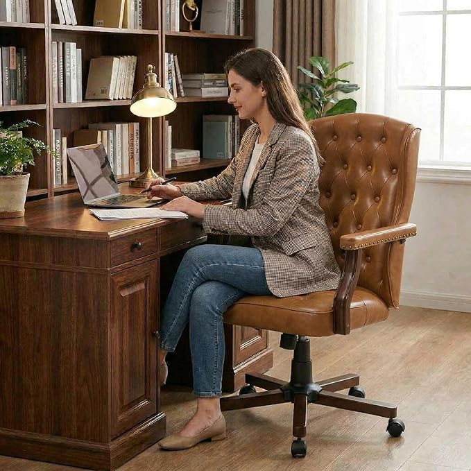 Executive Office Chair, Ergonomic Faux Leather Desk Chair with Wingback Design, Swivel Adjustable Home Office Chair for Computer Desk, Comfortable Task Chair for Home Office, Brown