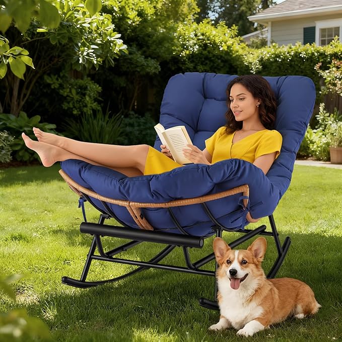 Jojoka Oversized Papasan Rocking Chair with Integrated Detachable Foot Rest, Thick Removable Cushion, PE Rattan Metal Frame Lounge Chair for Indoor Outdoor Patio, Garden, Porch, Living Room