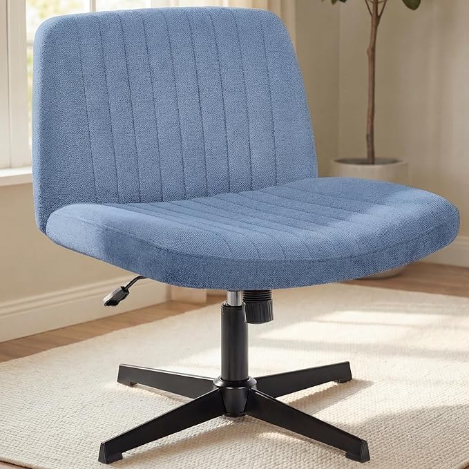 NEO CHAIR Criss Cross Chair No Wheels Armless Cross Legged Office Desk Wide Comfy Vanity Makeup Chair Adjustable Computer Task for Home Office Fabric (Blue)
