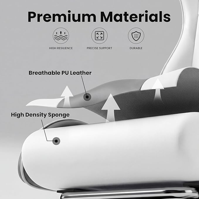 Gaming Chair, Ergonomic Computer Chair with Footrest and Lumbar Support, Height Adjustable Office Chair with 360° Swivel Seat and Headrest (White)