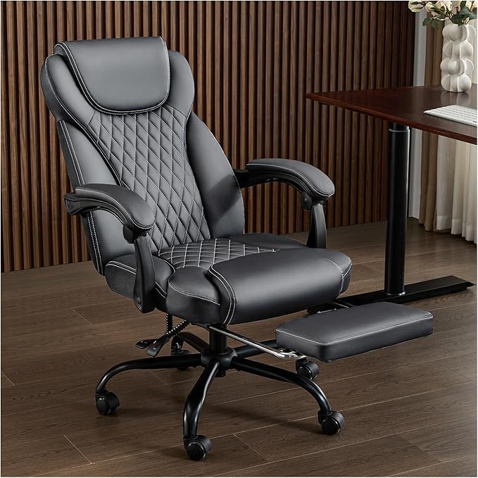 amseatec Office Chair, Big and Tall Office Chair with Foot Rest Ergonomic Chair Home Office Desk Chairs Reclining High Back Leather Chair with Lumbar Support(Gray)