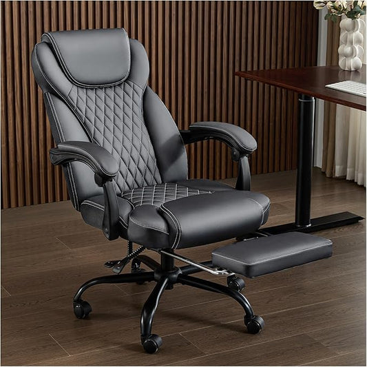 amseatec Office Chair, Big and Tall Office Chair with Foot Rest Ergonomic Chair Home Office Desk Chairs Reclining High Back Leather Chair with Lumbar Support(Gray)