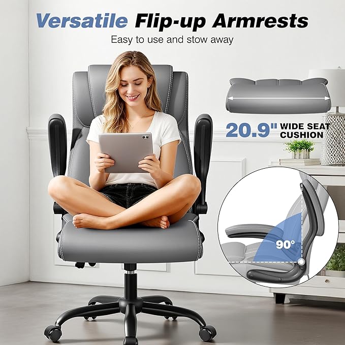 BESTFAIR Ergonomic Office Chair - Desk Computer Chair, Leather High Back Executive Chairs with Adjustable Lumbar Support & Flip Up Arms, Gray 2 Pack