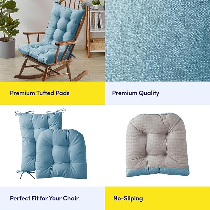 Sweet Home Collection Rocking Chair Cushion Premium Tufted Pads Non Skid Slip Backed Set of Upper and Lower with Ties, 1 Count (Pack of 1), Teal