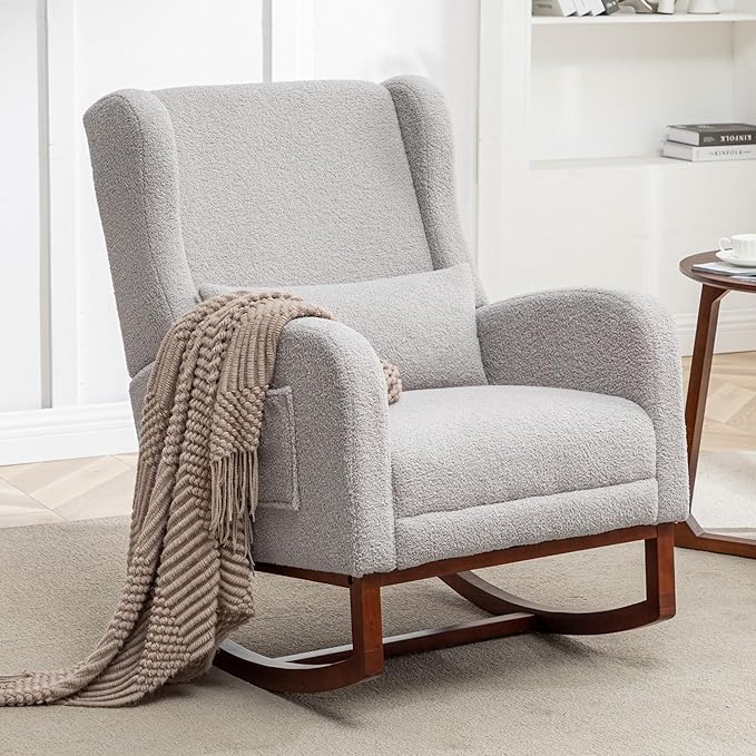 HCHAIRH Rocking Chair Nursery with Foot Rest, Wingback Nursery Rocking Chairs, Grey Teddy Nursing Glider Rocker Chair with Pillow and High Back for Nursery, Living Room, Bedroom