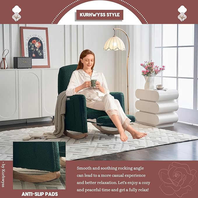 Modern Rocking Chair Nursery, Comfy Glider Nursery Chair with Foot Rest, Upholstered Rocker with Pocket, Accent Reading Armchair with Solid Wood Base for Living Room, Bedroom, Lounge Room (Green)