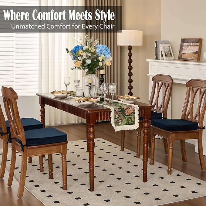 2'' Thick High-Density Foam Indoor Chair Cushions | Dining Chair Pads with Ties, Removable Washable Cover, Kitchen Chair Cushions 17"x16",Navy Blue 2 Pack