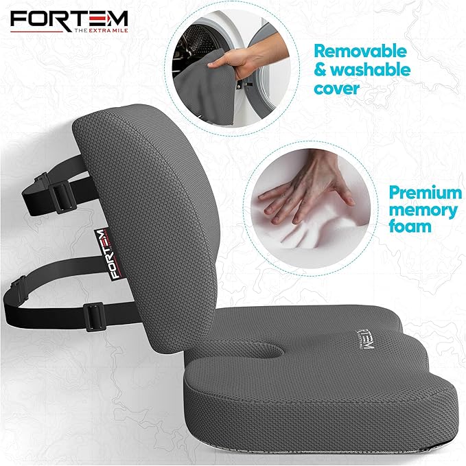 FORTEM Seat Cushion, Office Chair Cushion, Lumbar Support Pillow for Office Chair, Memory Foam Car Seat Cushions, Sciatica Coccyx Tailbone Pain Relief, Cushions for Back Support, Washable, Non Slip