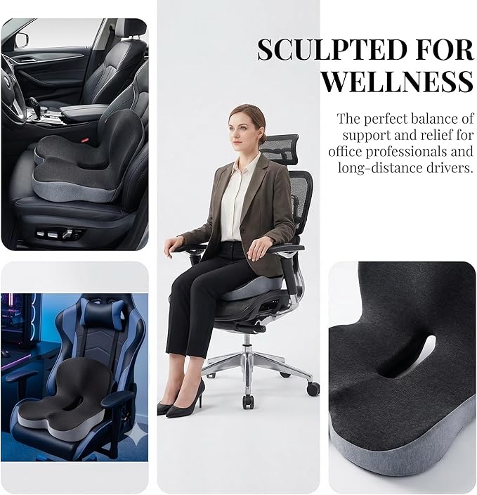 Ergonomic L-Shaped Memory Foam Seat Cushion for Office Chair & Car Seat, Breathable Sitting Pad for Long Sitting Relief, Tailbone & Hip Support Cushion for Driving, Desk Chair, Wheelchair