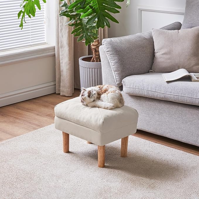 YMYNY 15.75" Small Foot Stool Ottoman, Footrest with Sponge Soft Padded Seat, Cotton-Linen Blend Fabric Footstool for Sofa, Bedroom, Living Room, Entryway, Solid Wood Legs, Beige, UHBD023M