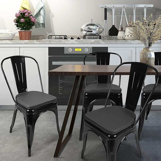 SINOSSO Modern Faux Leather 14" Metal Chair Cushions Set of 4, Leathaire Magnetic Chair Pads for Dining Kitchen Cafe Bistro Stackable Chairs (U-Shape, Black, 4)