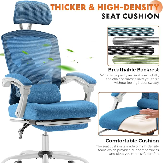 Sweetcrispy Office Computer Desk Chair, Ergonomic High-Back Mesh Rolling Work Swivel Chairs with Wheels, Comfortable Lumbar Support, Comfy Arms for Home, Bedroom, Study, Student, Blue