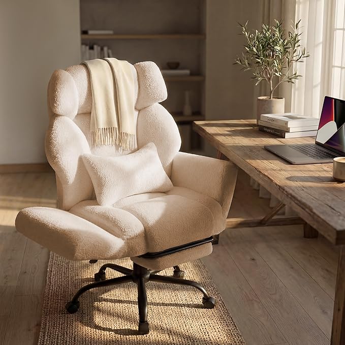 Office Chair with Flip Armrests,Big and Tall Office Chair with Foot Rest,Extra Wide Seat & Lumbar Pillow,Ergonomic Computer Gaming Chair,Comfy Criss Cross Chair for Pets Sitting,Teddy Fleece,Beige