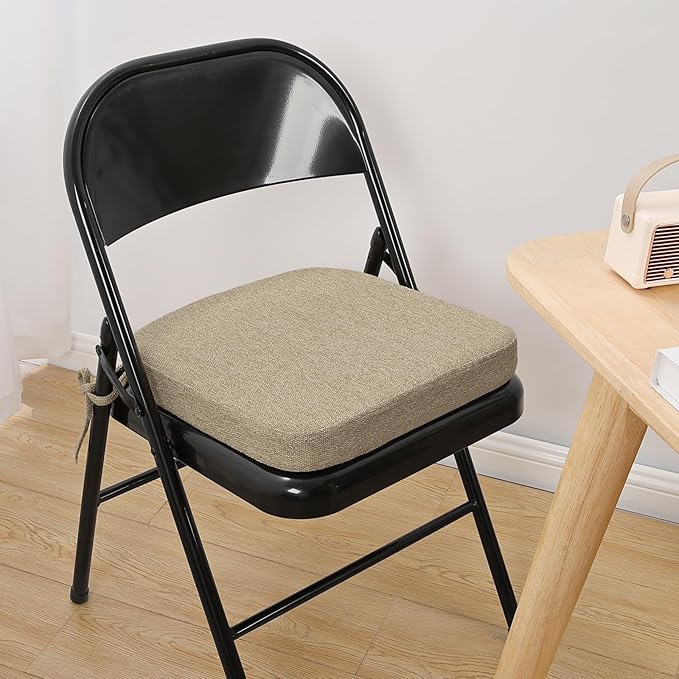 SINOSSO Memory Foam Chair Cushions for Folding Chairs 6 Pack, Thickened 2" Square Pads with Ties for Kitchen Chairs, Indoor Non-Slip Dining Chair Seat Cushions (Set of 6, Linen)