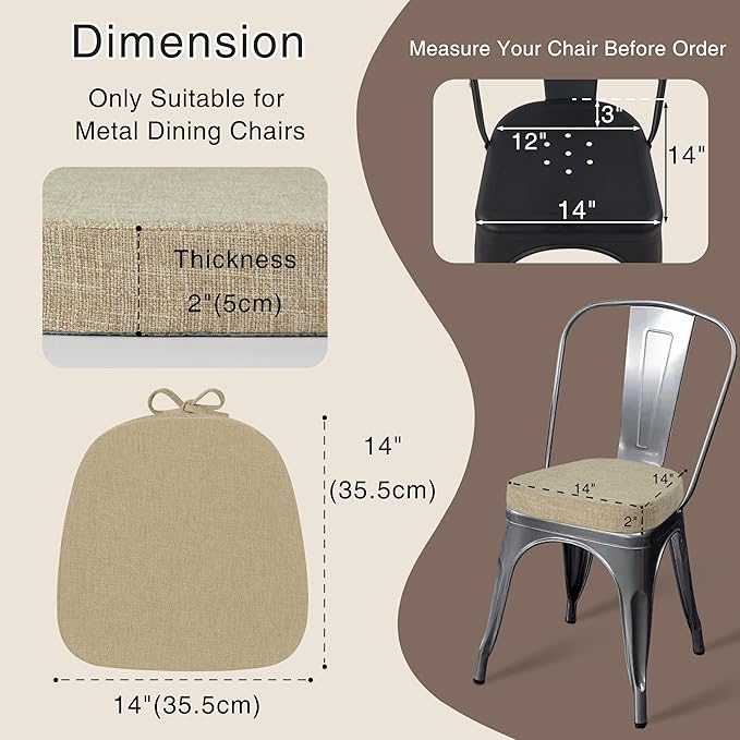 OVOV 14x14 Chair Cushions for Metal Dining Chairs Set of 2 Non Slip Thick Textured Chair Pads for Dining Chairs with Ties and Removable Cover (Beige)