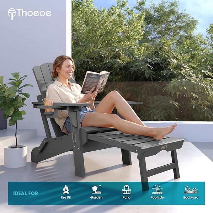 THOEOE Adjustable Adirondack Chair with Retractable Ottoman, HDEP Folding Adirondack Chairs with Footrest 2-in-1 Cup Holder, All Weather Outoor Fire Pit Chair with Foot Rest Set 4 Grey
