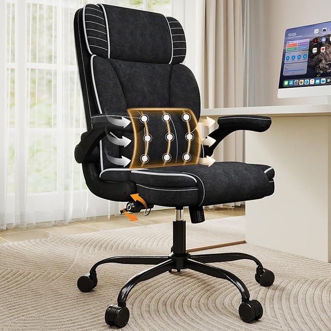 Big and Tall Office Chair with Adjustable Lumbar Support,Breathable Fabric High Back Desk Computer Chair with Adjustable Flip-up Armrests,Ergonomic Swivel PC Chair with Rocking Function