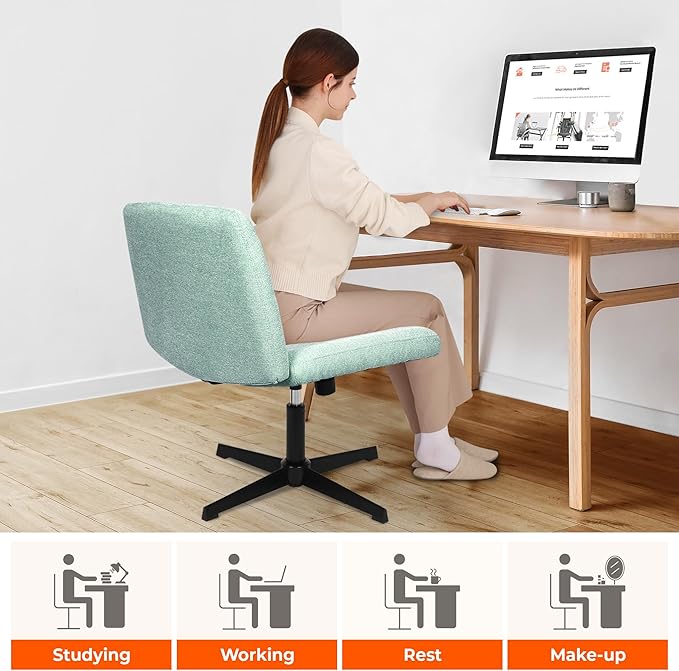 NEO CHAIR Criss Cross Chair No Wheels Armless Cross Legged Office Desk Wide Comfy Vanity Makeup Chair Adjustable Computer Task for Home Office Fabric (Mint)