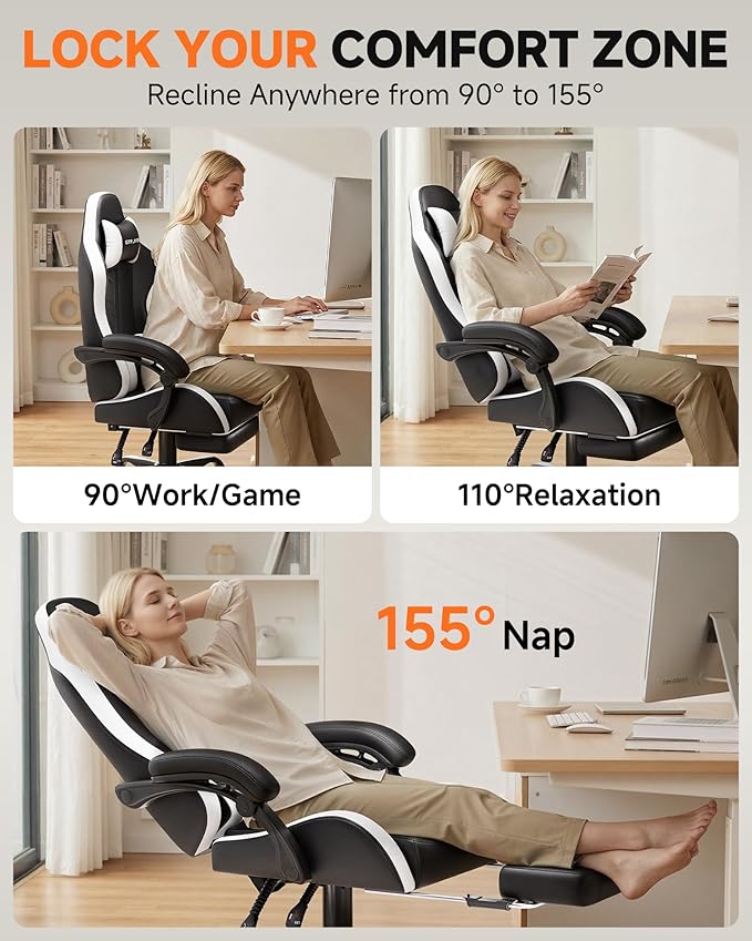 GTPLAYER Gaming Chair for Adults, Ergonomic Computer Gaming Chair with Footrest, Height Adjustable, 90-155° Recline & Removable Headrest Lumbar Support, Pearl White