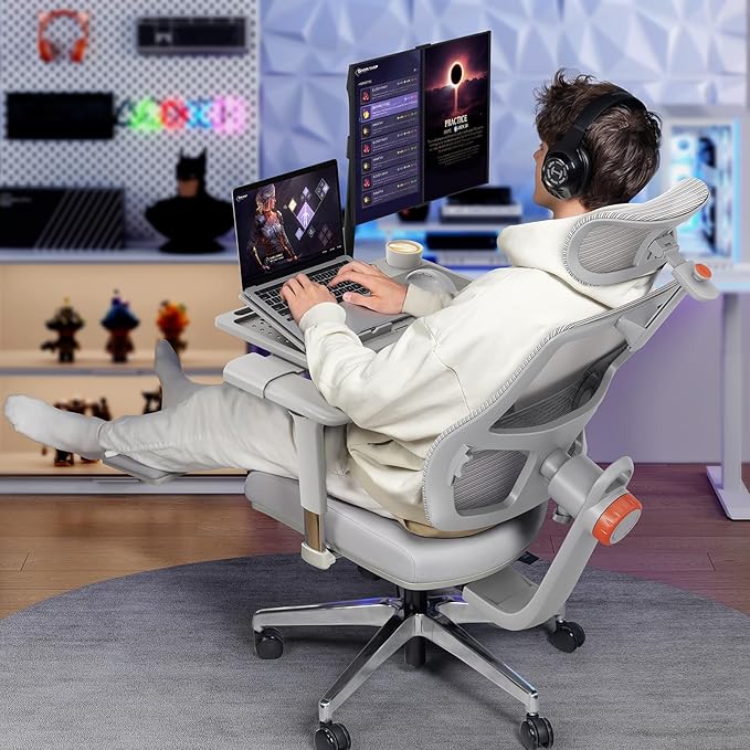 Newtral Ergonomic Office Chair, Auto-Following Lumbar Support Desk Chair with Footrest (Grey, 5D Headrest +Laptop Tray)