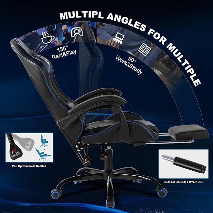 Gaming Chair for Adults, Ergonomic Gamer Chair with Footrest, Spring Pocket Cushion, Computer Office Desk Reclining Chair with Enlarged Metal Base, Linkage Armrests, Lumbar & Headrest (Blue)