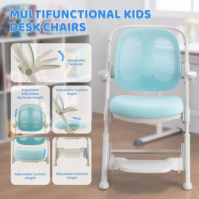 ERIYA Kids Desk Chair,Ergonomic Chair: Breathable Mesh Back, Adjustable Seat, Flip-Up Armrests, Footrest, Lumbar | Ideal for Kids, Petite Adults – Ultra-Comfy for Study/Work (Blue)