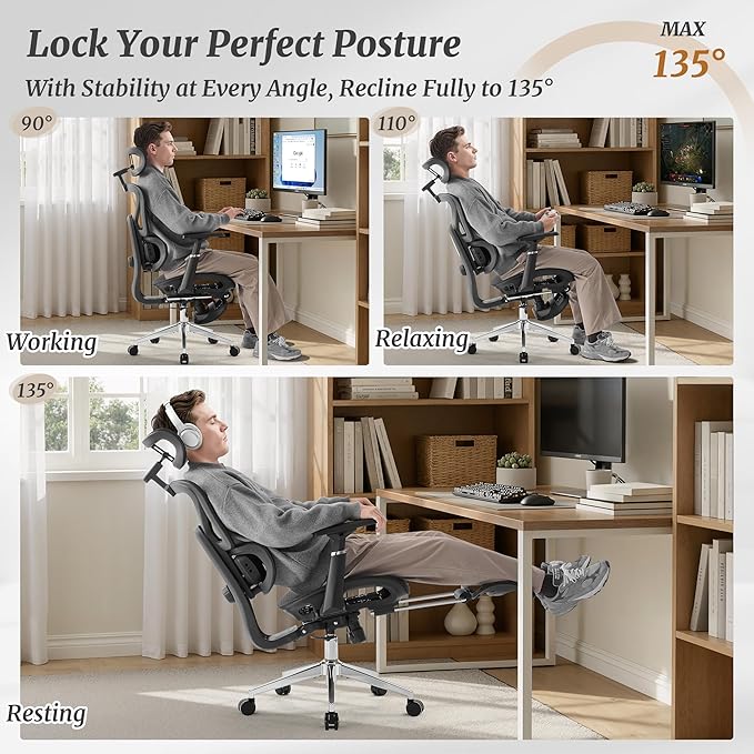 Cozyman Ergonomic Office Chair with Footrest - 5-Level Adjustable Lumbar Support & 90-135°Recline, 3D Headrest & 4D Armrests, Breathable Mesh Seat Computer Chair for Home Office, Gaming, Black