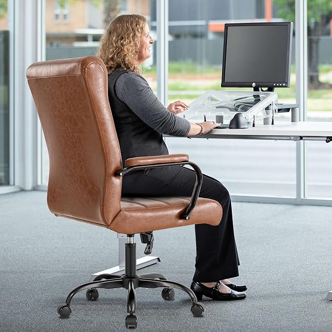 Office Desk Chair,Modern Leather Conference Room Chairs,High Back Home ofiice Chair,Adjustable Height Swivel Executive Computer Chair with Armrest and Padded Seat (Brown with Black Frame)