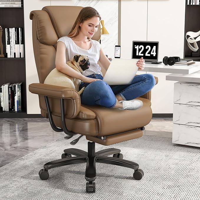 GYI 160° Reclining Office Chair with Footrest, Big and Tall High Back Home Office Chair, Leather Computer Desk Chair with Cross Legged Seat, Arms, Wheels, Brown